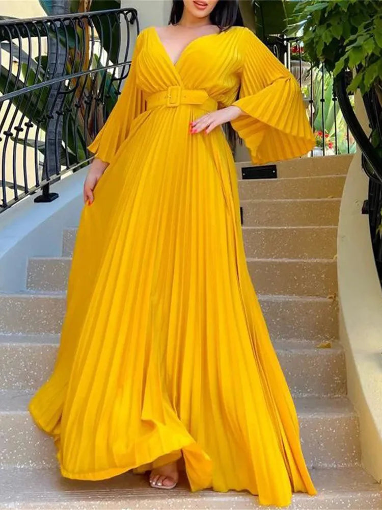 Sexy V-Neck Pleated Dinner Party Dress Women Yellow Elegant with Belt Long Sleeve Robe Femme African Maxi Red Vestido